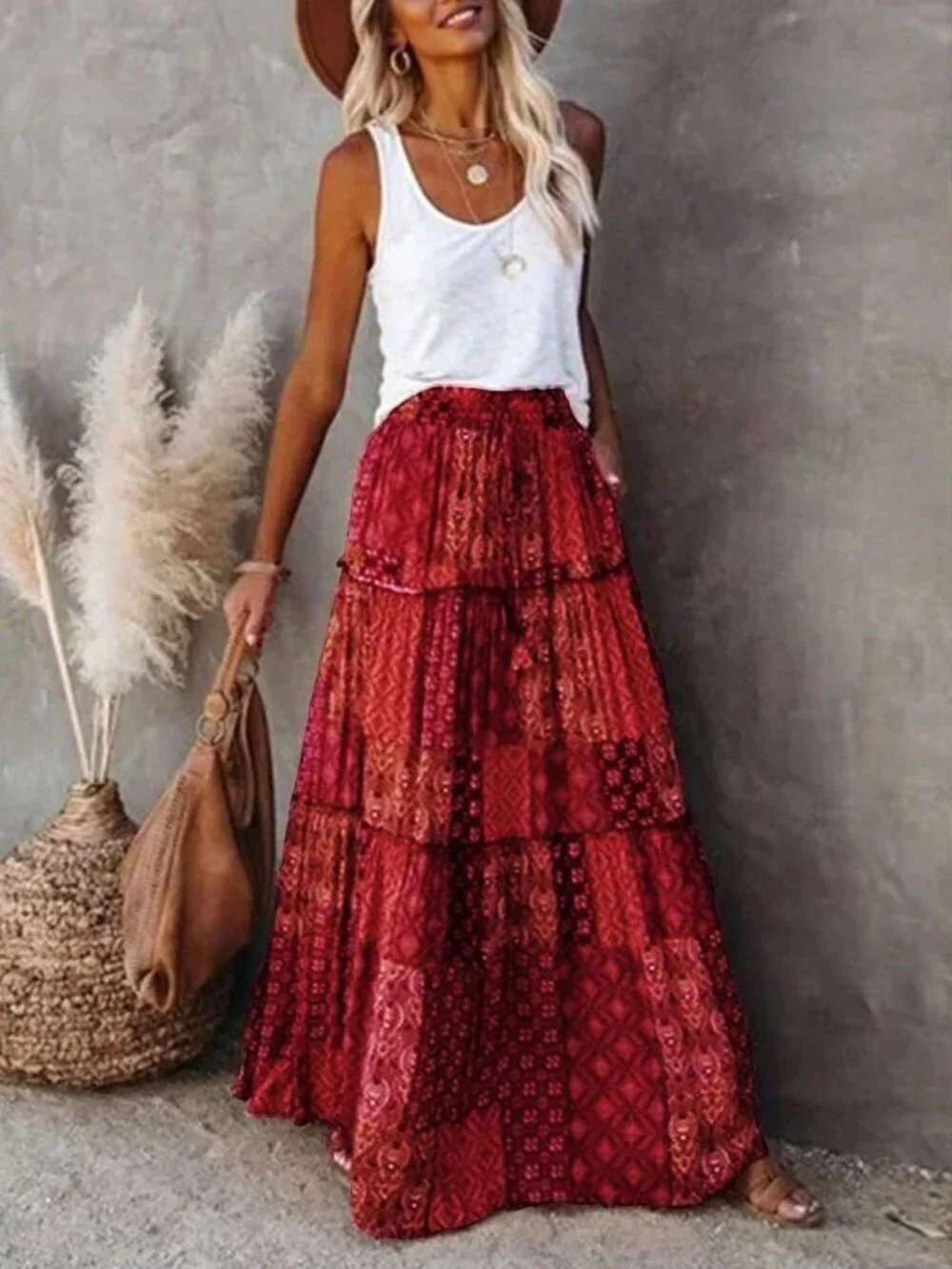 Burgundy Bohemian Women's High Waist Skirt with Floral Print Lace Hem